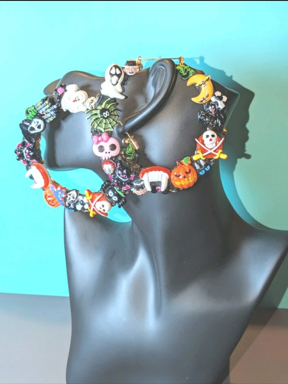 Hand Crafted Multicolor Halloween Charm Decoden Xl Hoop Earrings For Women